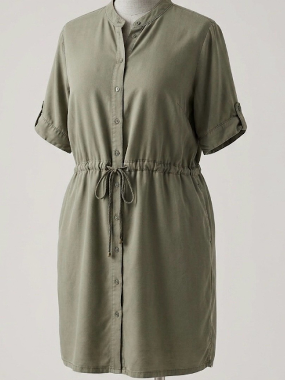 Button-Front Drawstring Waist Shirt Dress - Olive